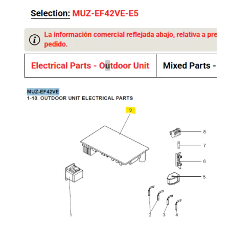 PLACA DE CONTROL INVERTER UNIDAD EXTERIOR MITSUBISHI ELECTRIC MUZ-EF42VE-E5