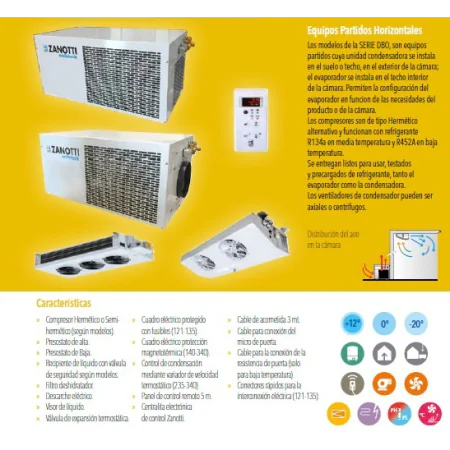EQUIPO FRIGORÍFICO PARTIDO SPLIT MDB106EA12XX ZANOTTI, PARA CÁMARA FRIGORÍFICA DE REFRIGERACIÓN 9 M3 A 0ºC 230V